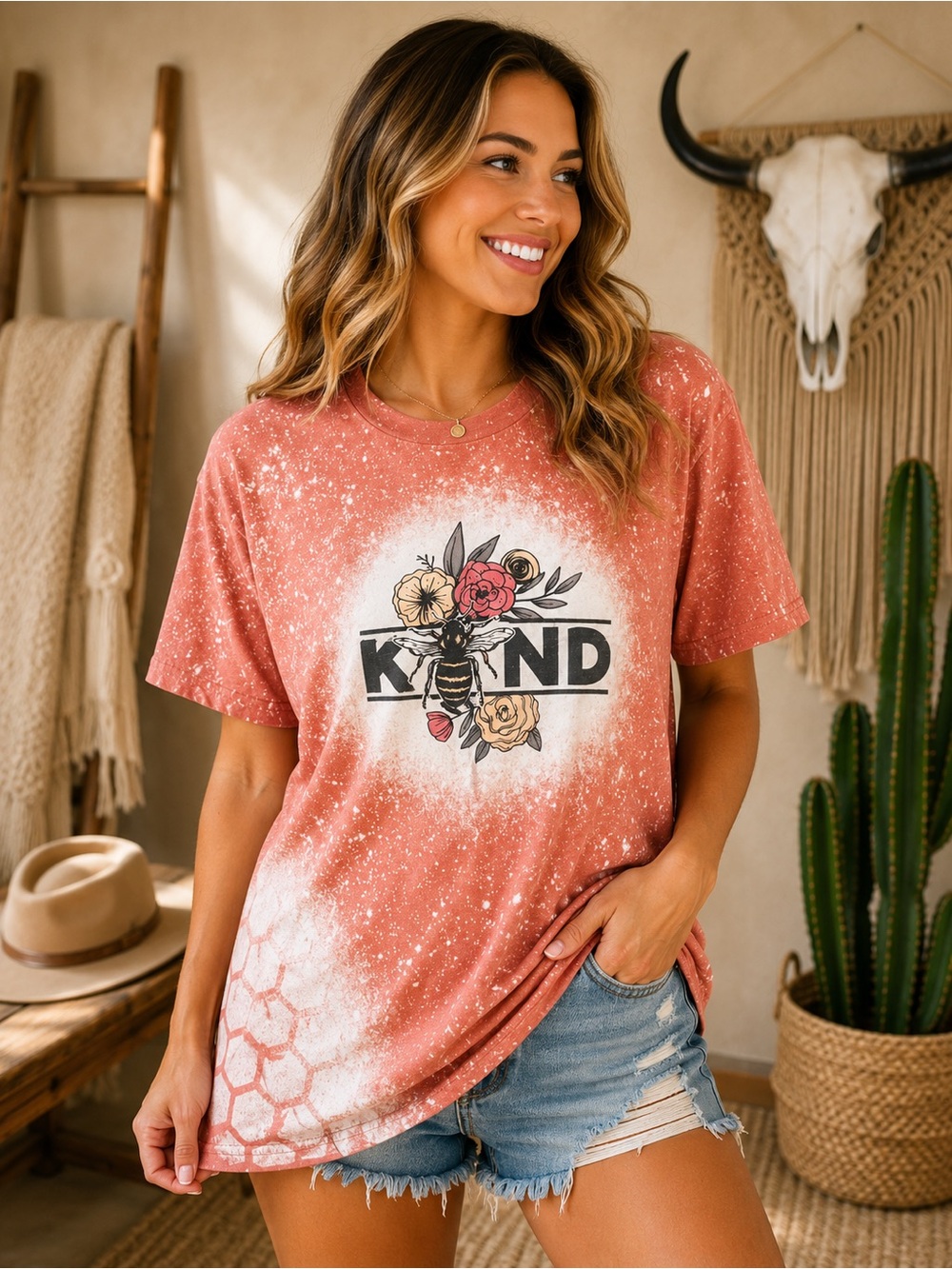 Gildan Coral 'KIND' Bee Floral Graphic Tee